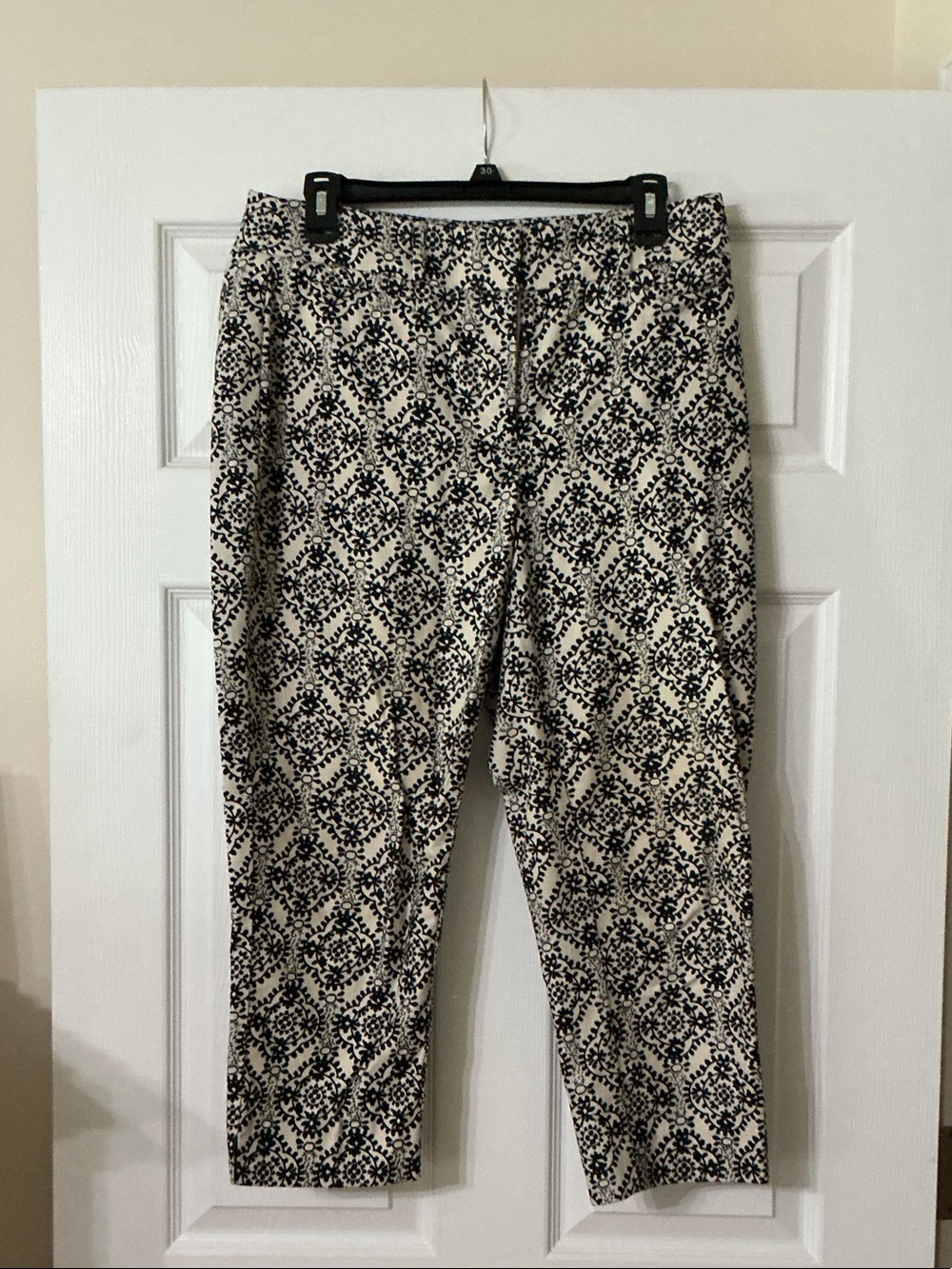 LOFT Black and Cream Patterned Julie Capri Pants